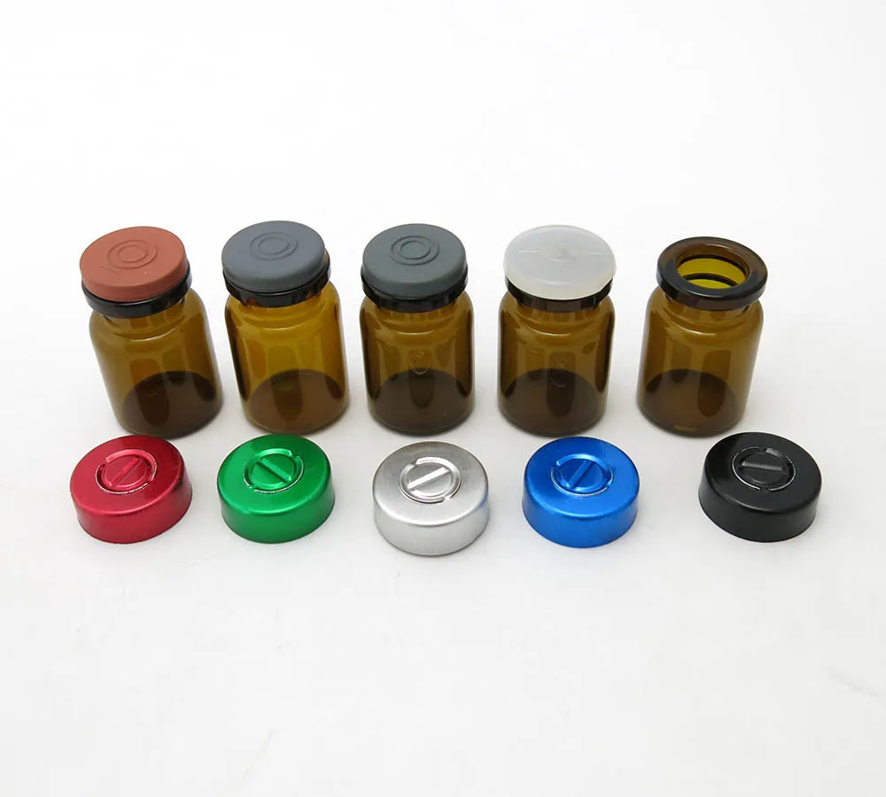 флаконите за лекарства по 100x5 мл кехлибарен цвят, с алуминиеви панти капак 5 цвята, флакони за инжектиране обем 5 cc едро3