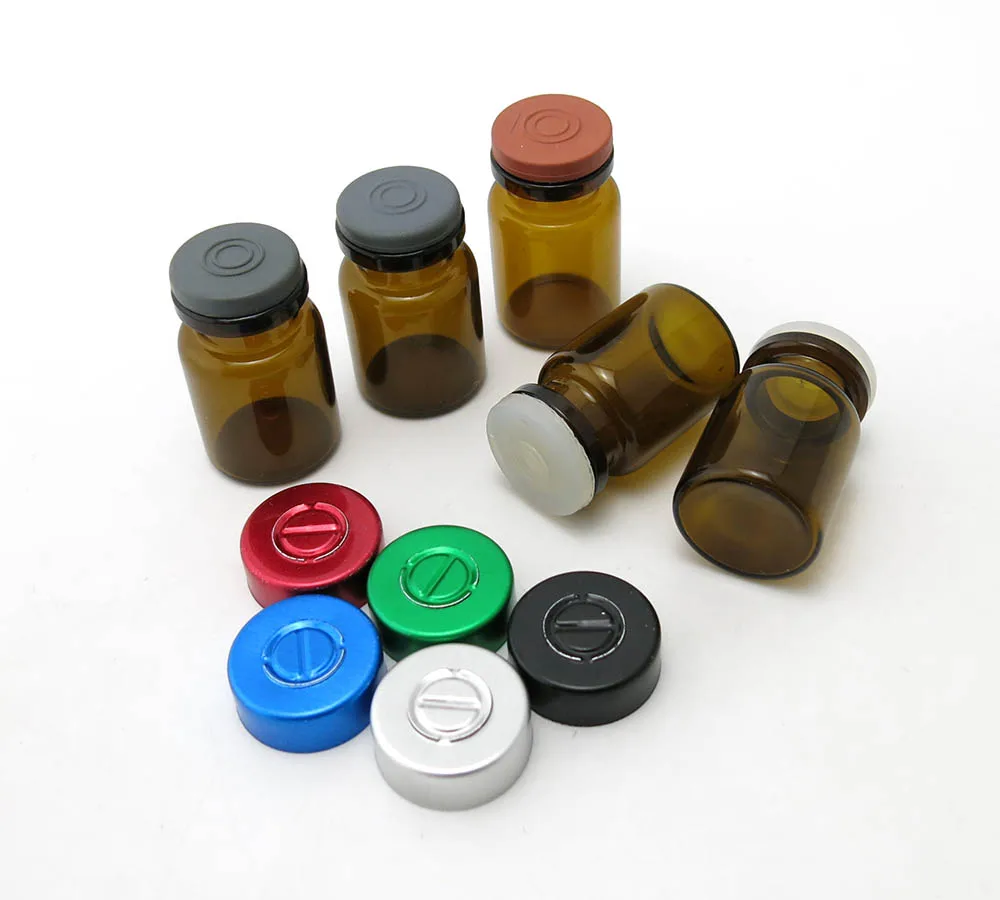 флаконите за лекарства по 100x5 мл кехлибарен цвят, с алуминиеви панти капак 5 цвята, флакони за инжектиране обем 5 cc едро5