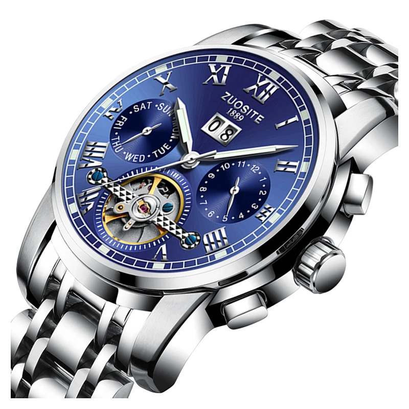 Луксозни маркови часовници, мъжки висококачествени автоматични механични ръчни часовници с турбийоном, оригинални водоустойчив класически мъжки ръчен часовник син0