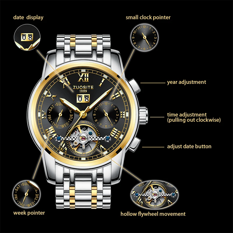 Луксозни маркови часовници, мъжки висококачествени автоматични механични ръчни часовници с турбийоном, оригинални водоустойчив класически мъжки ръчен часовник син3