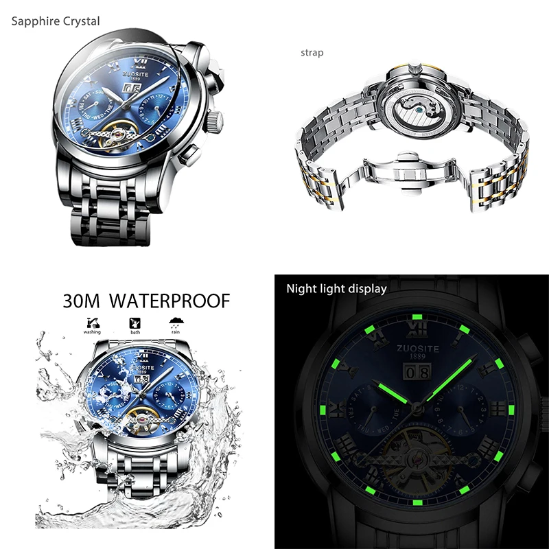 Луксозни маркови часовници, мъжки висококачествени автоматични механични ръчни часовници с турбийоном, оригинални водоустойчив класически мъжки ръчен часовник син4