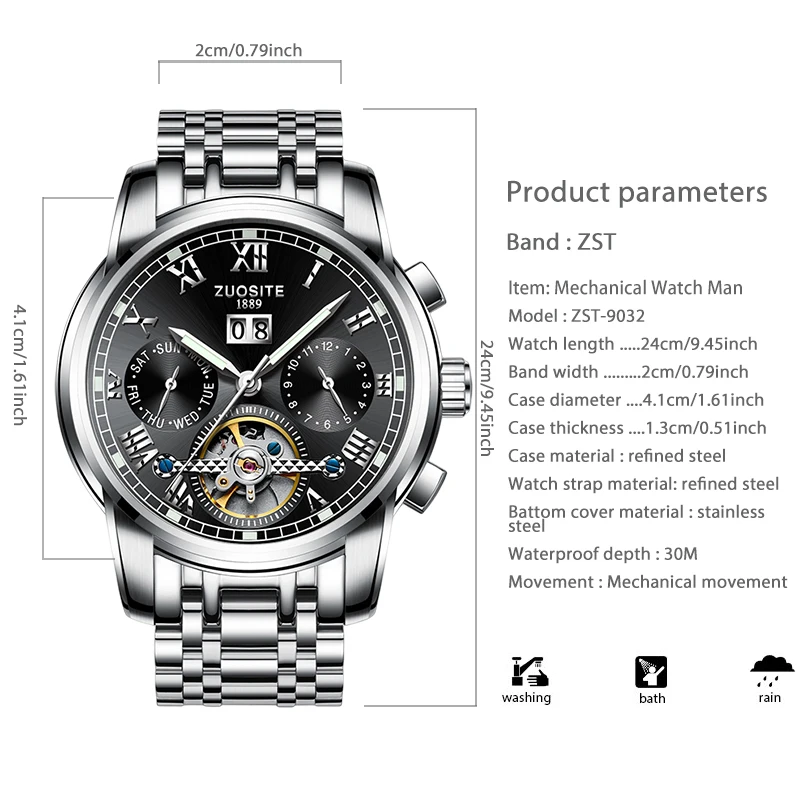 Луксозни маркови часовници, мъжки висококачествени автоматични механични ръчни часовници с турбийоном, оригинални водоустойчив класически мъжки ръчен часовник син5