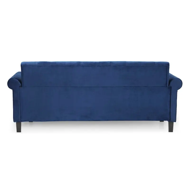 Ретро триместен диван с кичурите копчета, тъмно синьо кадифе3