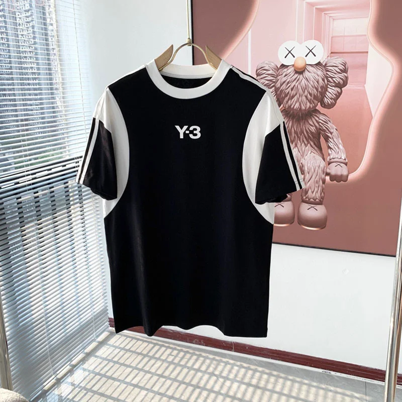 Цветна тениска с къси ръкави Yohji Yamamoto Y-3 с принтом за мъже и жени от чист памук в тон с три ивици Година 3 с къс ръкав0