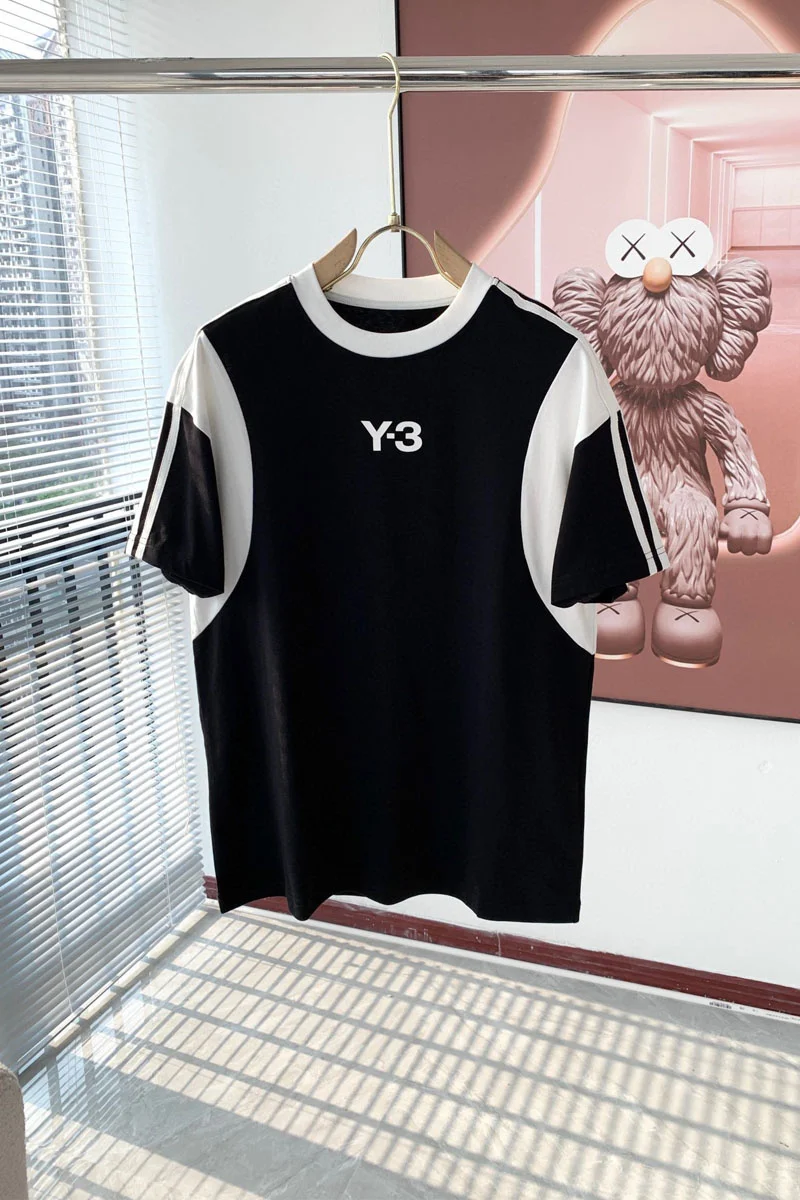 Цветна тениска с къси ръкави Yohji Yamamoto Y-3 с принтом за мъже и жени от чист памук в тон с три ивици Година 3 с къс ръкав5