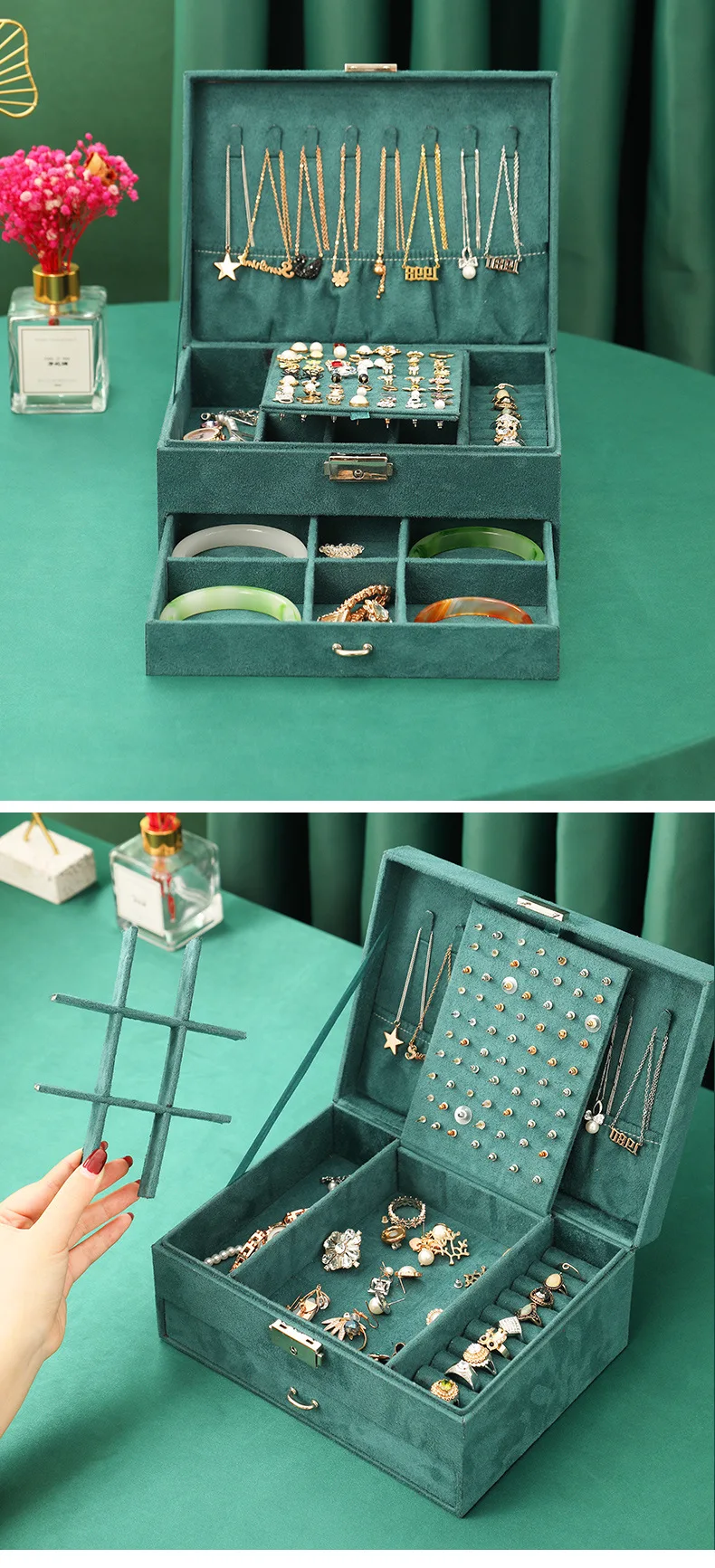 Двупластова кадифе ковчег за бижута, европейски титуляр за съхранение на огърлици, голямо пространство, в ковчег за пръстени, подарък за рожден ден5