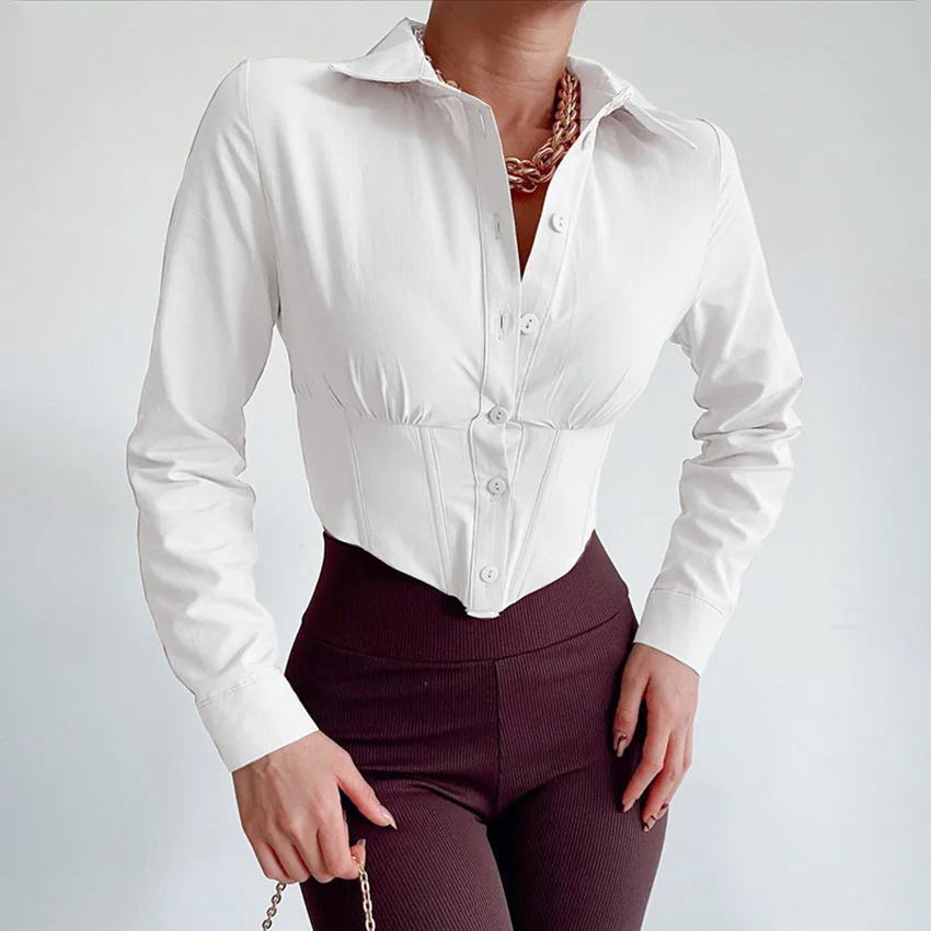 Однотонная универсална риза с висока талия, шик секси топ, нишевый дизайн, жените риза3
