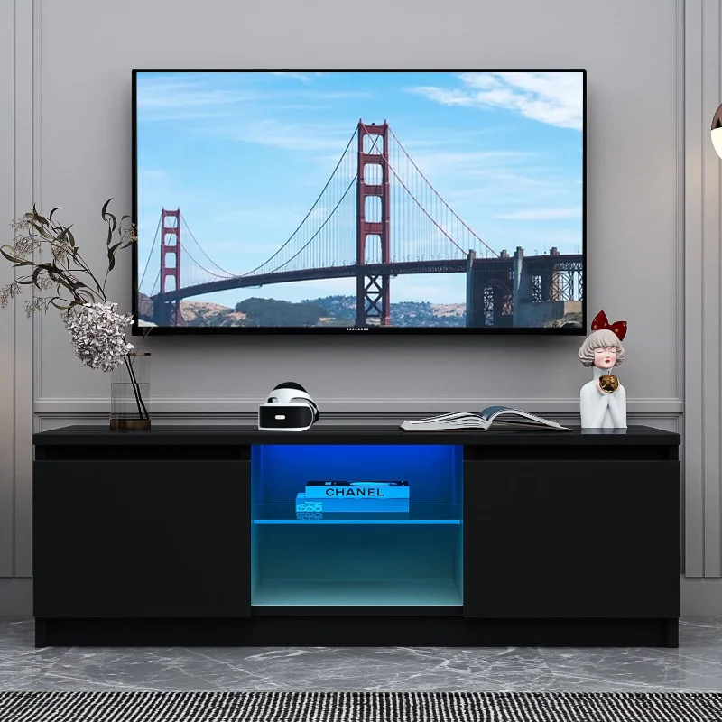 Модерна поставка за телевизор е с led подсветка от дърво за телевизори с размер на екрана до 55 инча, черна0