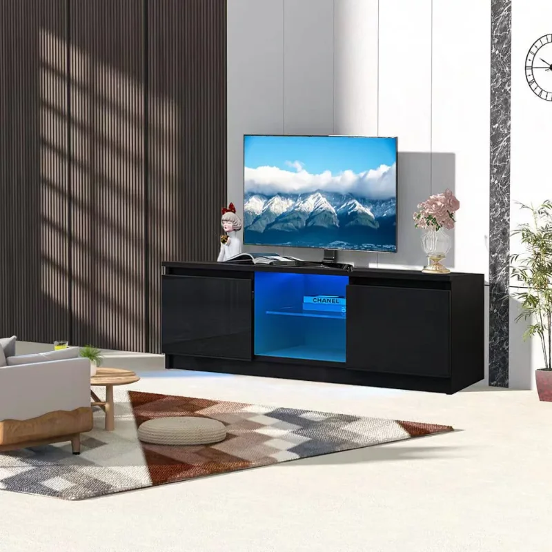Модерна поставка за телевизор е с led подсветка от дърво за телевизори с размер на екрана до 55 инча, черна2