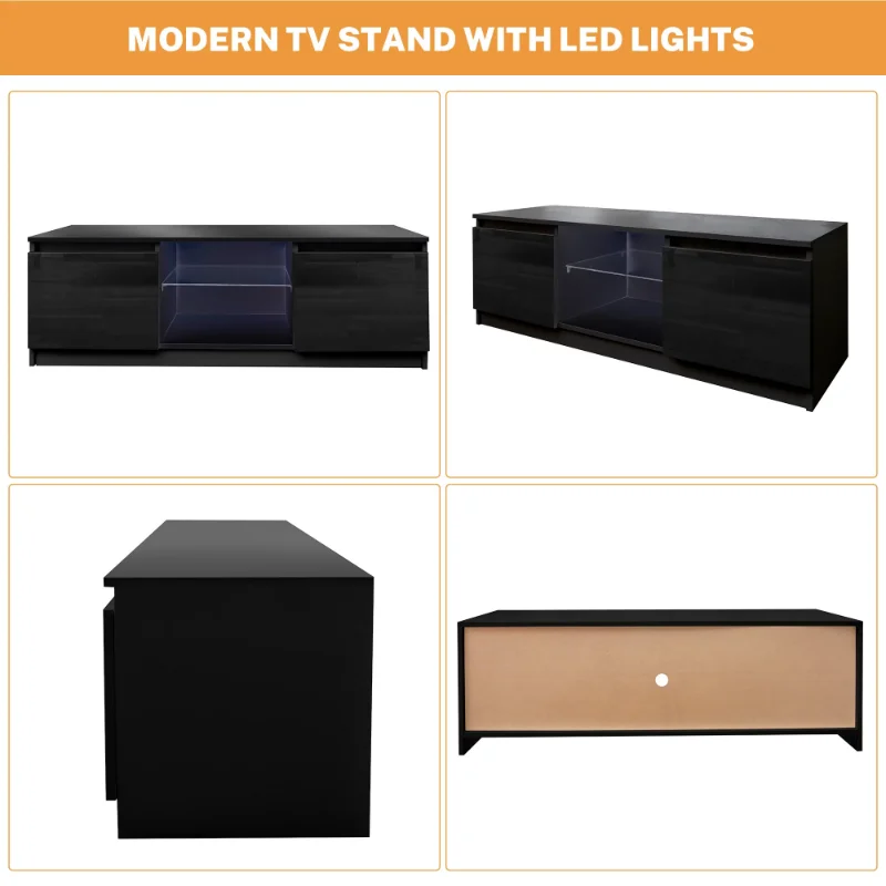 Модерна поставка за телевизор е с led подсветка от дърво за телевизори с размер на екрана до 55 инча, черна4