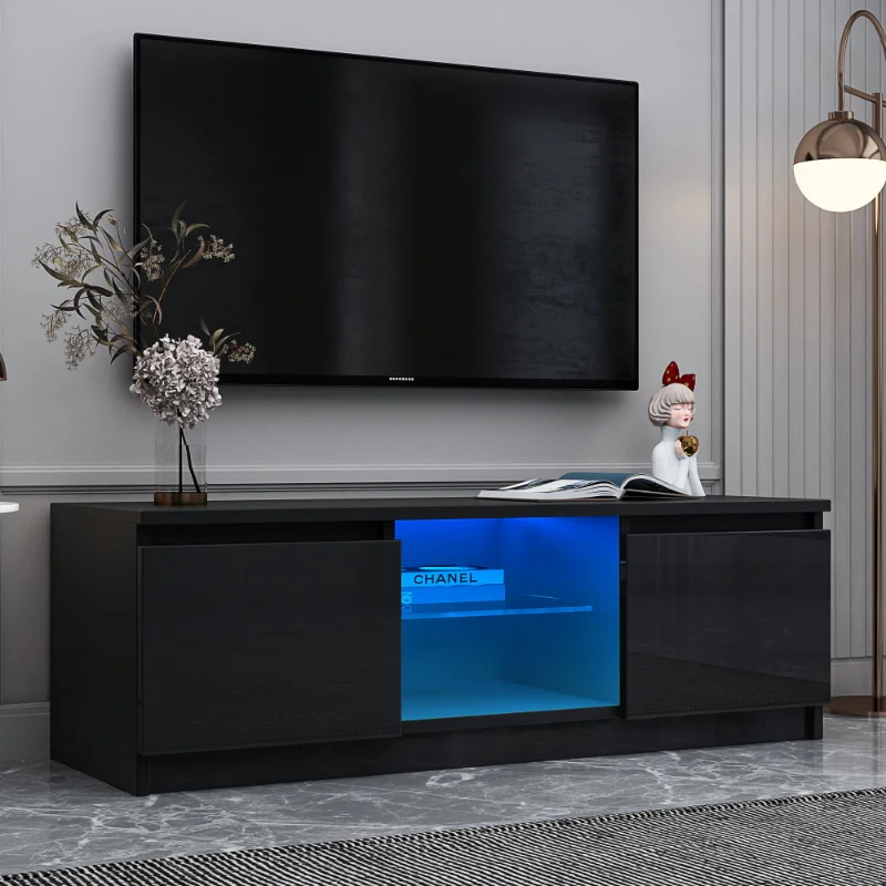Модерна поставка за телевизор е с led подсветка от дърво за телевизори с размер на екрана до 55 инча, черна5