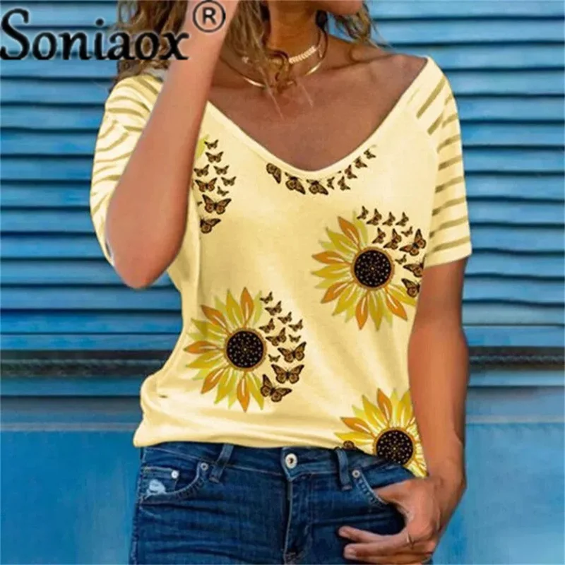 Женска тениска с къс ръкав, лятна ежедневни тениски с V-образно деколте, без тениска с пеперуда и цветя принтом, дамски блузи1