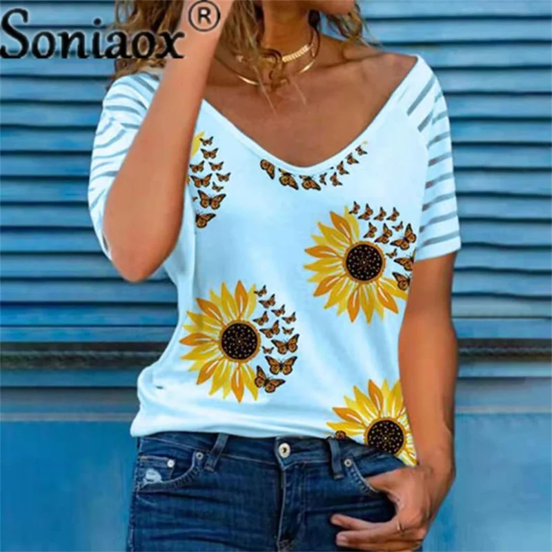 Женска тениска с къс ръкав, лятна ежедневни тениски с V-образно деколте, без тениска с пеперуда и цветя принтом, дамски блузи2
