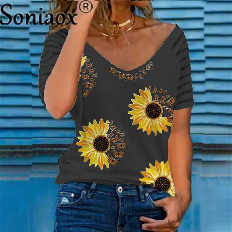 Женска тениска с къс ръкав, лятна ежедневни тениски с V-образно деколте, без тениска с пеперуда и цветя принтом, дамски блузи5
