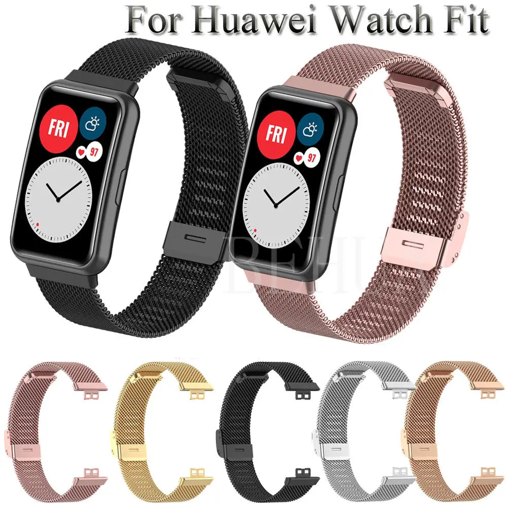 Луксозна каишка за часовник от неръждаема стомана за Huawei Watch, подходящ за смарт часа, метален взаимозаменяеми гривна, мрежест каишка на бутоните, гривна, колан0