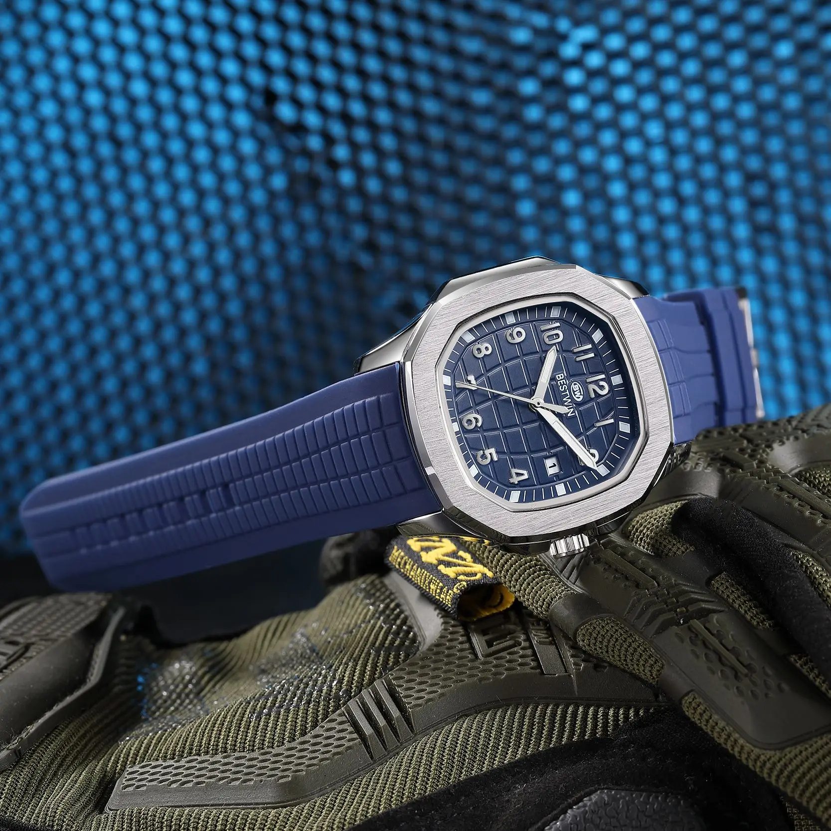 2023 Луксозни мъжки часовник с квадратен циферблат Мъжки кварцов механизъм спортен часовник със синя ластик Зелени часовници Бизнес мъжки часовник от неръждаема стомана3
