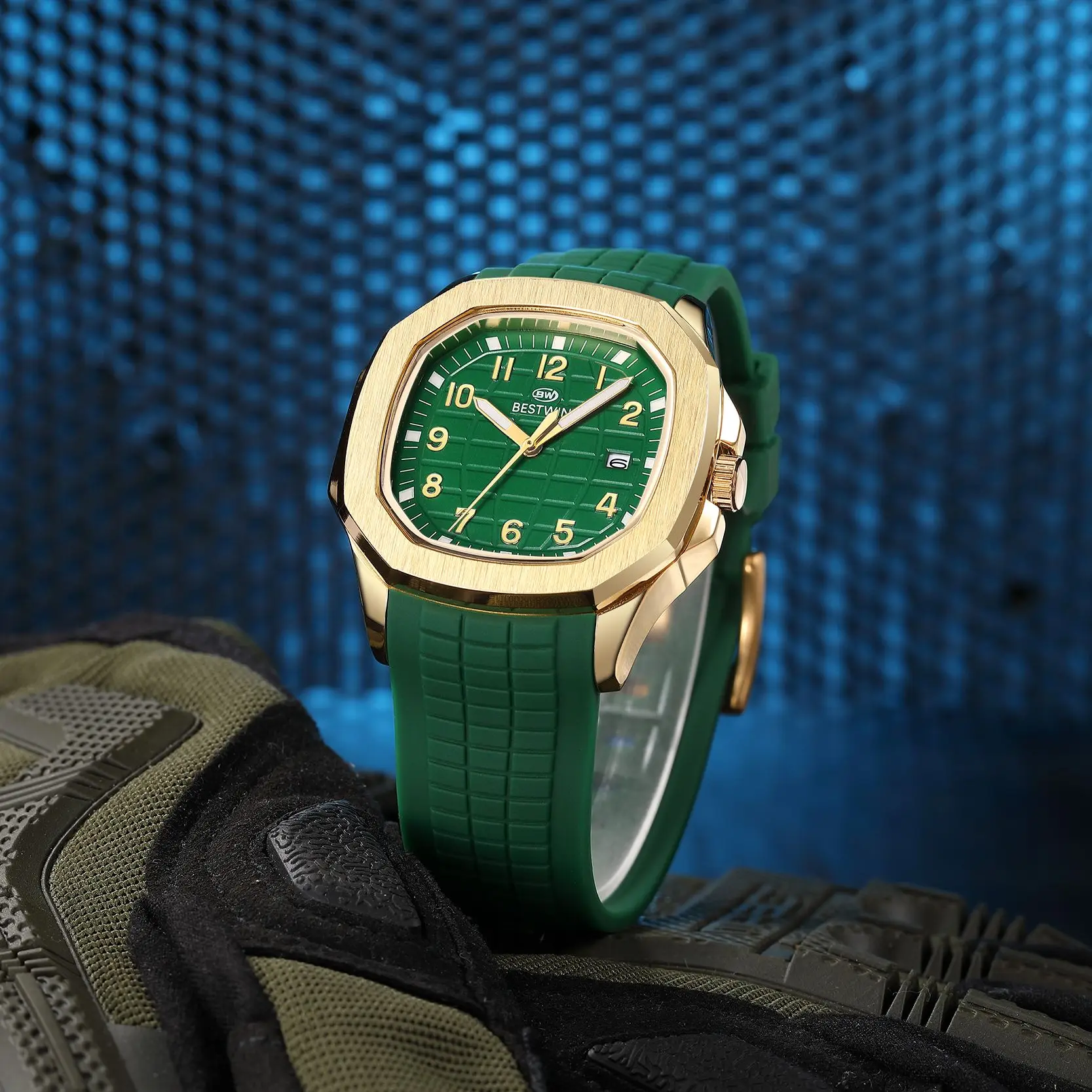 2023 Луксозни мъжки часовник с квадратен циферблат Мъжки кварцов механизъм спортен часовник със синя ластик Зелени часовници Бизнес мъжки часовник от неръждаема стомана4