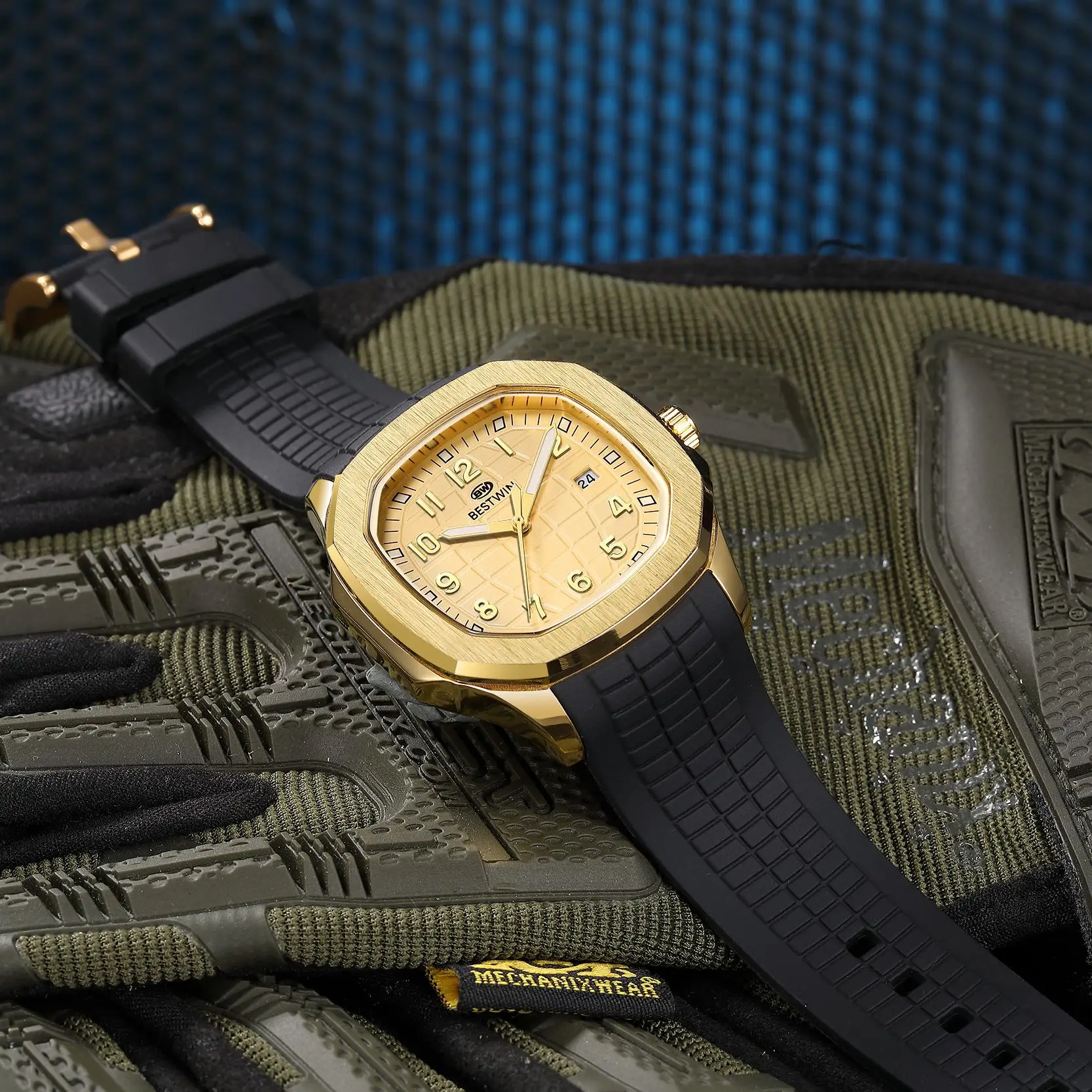 2023 Луксозни мъжки часовник с квадратен циферблат Мъжки кварцов механизъм спортен часовник със синя ластик Зелени часовници Бизнес мъжки часовник от неръждаема стомана5