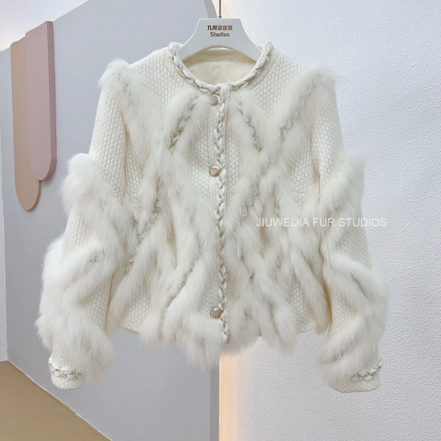 2023 Женски вязаный пуловер от естествено лисьего кожа пухкав тъкат, модно палто от естествена кожа, зимно яке, однобортная градинска облекло0