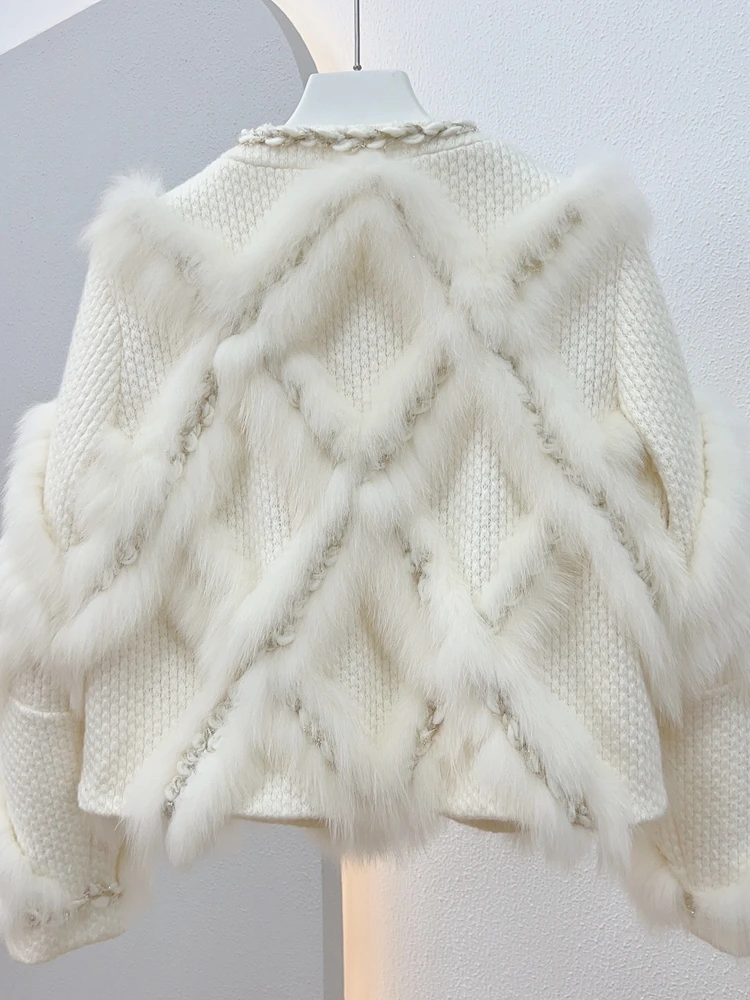 2023 Женски вязаный пуловер от естествено лисьего кожа пухкав тъкат, модно палто от естествена кожа, зимно яке, однобортная градинска облекло1