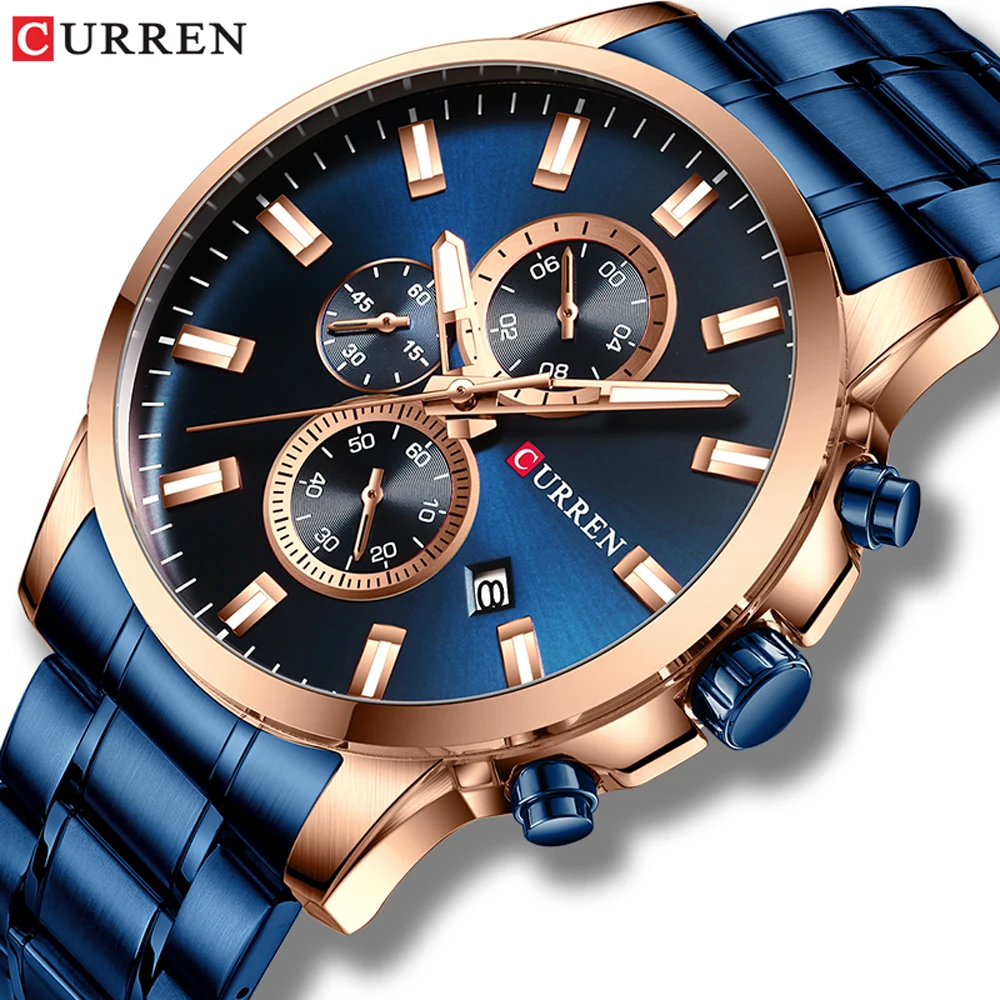 CURREN Луксозни маркови спортни кварцови часовници Мъжки часовници със светещи стрелки, хронограф автоматична дата на Модерен ръчен часовник от неръждаема стомана0