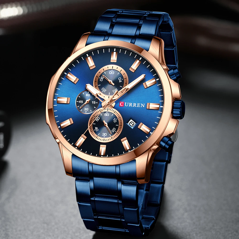 CURREN Луксозни маркови спортни кварцови часовници Мъжки часовници със светещи стрелки, хронограф автоматична дата на Модерен ръчен часовник от неръждаема стомана1