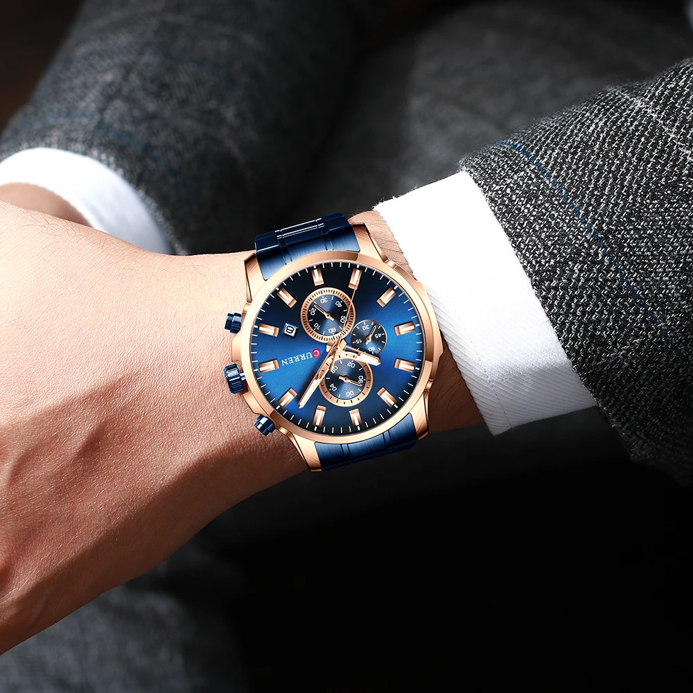 CURREN Луксозни маркови спортни кварцови часовници Мъжки часовници със светещи стрелки, хронограф автоматична дата на Модерен ръчен часовник от неръждаема стомана2
