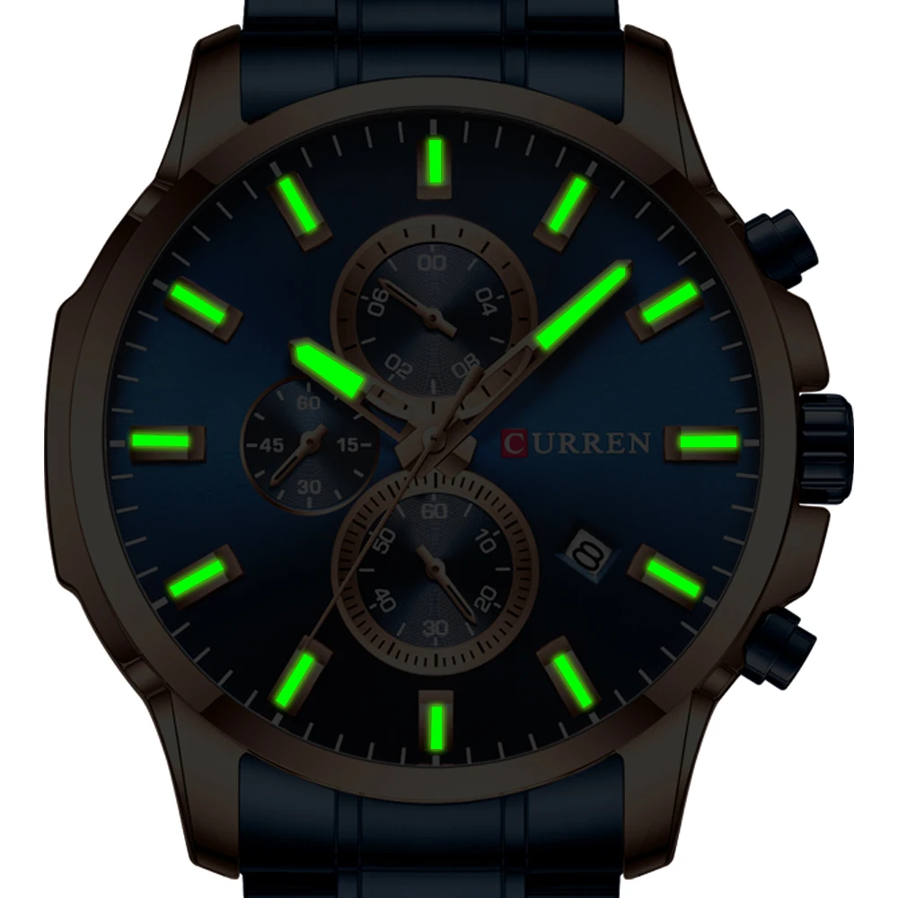 CURREN Луксозни маркови спортни кварцови часовници Мъжки часовници със светещи стрелки, хронограф автоматична дата на Модерен ръчен часовник от неръждаема стомана5