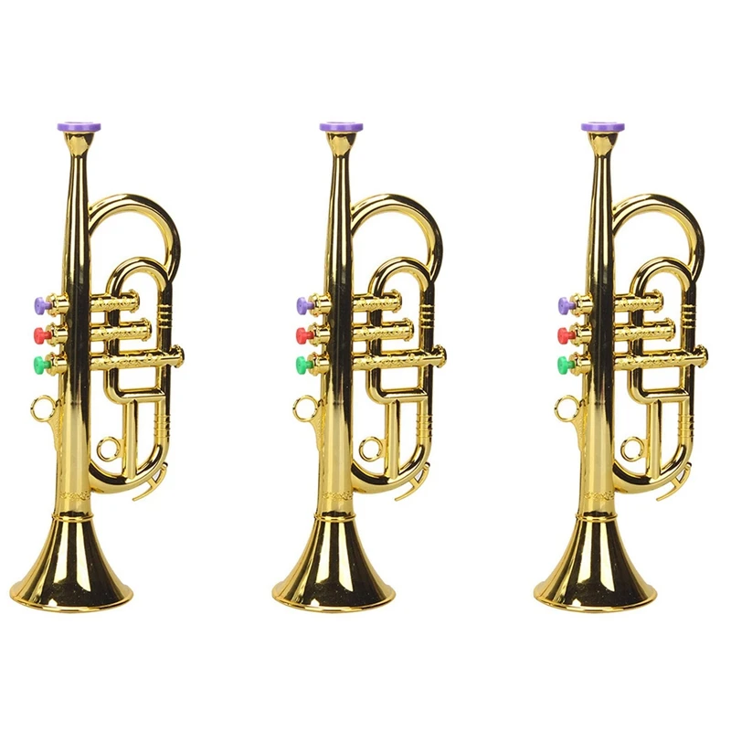 3X тръба, 3 тона, 3 цветни ключ, имитация на игра, мини-музикални духови инструменти за детски рожден ден, играчка, златни0