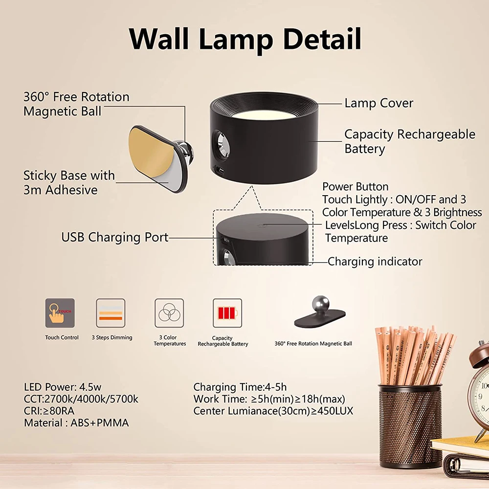 USB Акумулаторна батерия Led монтиран на стената Лампа С Докосване, Безжични Стенни Аплици, осветителни Тела За Спалнята, Кабинета, Лампи За Четене, осветление Стена4