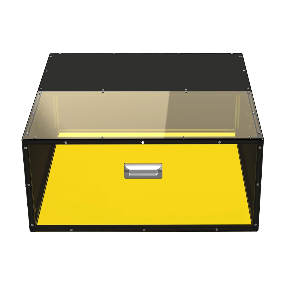 Лазерен гравиране машина, пылезащитная защитна кутия, корпус от опушен PVC, двухтрубный ауспух с ЦПУ, смукателния вентилатор, акрилен капак5