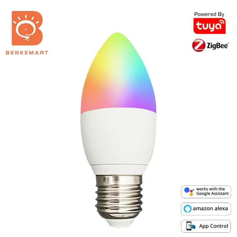 Benexamrt E27 Led Свещ Лампа Zigbee Светлини Умна Лампа с регулируема яркост 5 W RGBCW, с Променящ се Цвят, Sasha Алекса Google Home Smartthings 460lm0