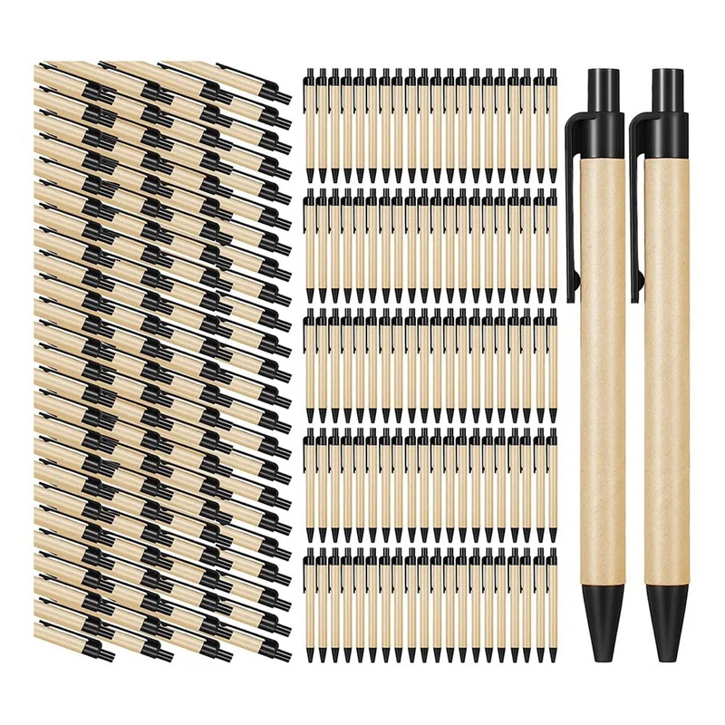 200 опаковки, черни химикалки, прибиращи химикалки със средна точка, екологично чисти писалки, химикалки от рециклирана крафт-хартия, на едро, офис, училище0