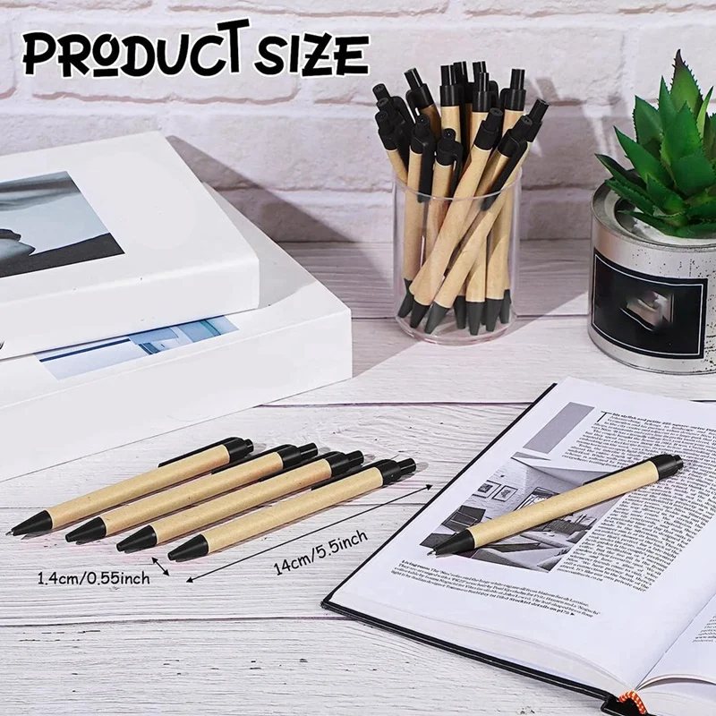 200 опаковки, черни химикалки, прибиращи химикалки със средна точка, екологично чисти писалки, химикалки от рециклирана крафт-хартия, на едро, офис, училище5