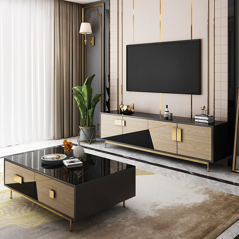 Модерен, светъл луксозен шкаф за телевизор, кафе масичка, комбиниран комплект, малък апартамент, хол, домашно приготвен чай маса в скандинавски стил2