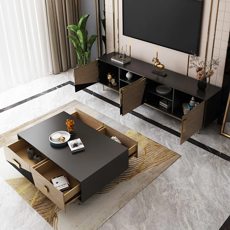 Модерен, светъл луксозен шкаф за телевизор, кафе масичка, комбиниран комплект, малък апартамент, хол, домашно приготвен чай маса в скандинавски стил3