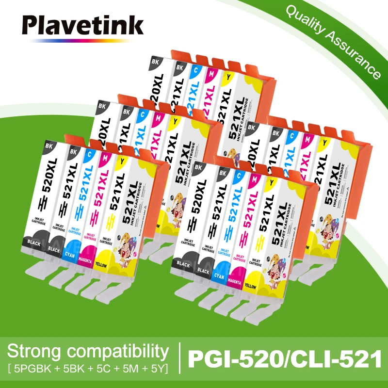 Plavetink 520XL PGI520 Черно Цветно Мастило Касета CLI521 за Canon Pixma IP3600 IP4600 IP4700 MX860 MX870 MP550 MP560 MP620 MP6300
