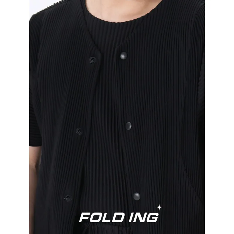 Плиссированный мъжки бизнес жилетка, лятна ежедневни риза, палто копчета, мъжки дрехи, фланелка без ръкави5