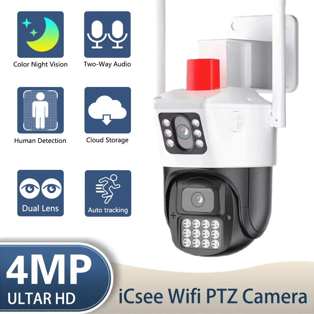 4-Мегапикселова двухэкранная PTZ WiFi IP камера с двойна леща цветно нощно виждане Външна безжична камера за видеонаблюдение Icsee0