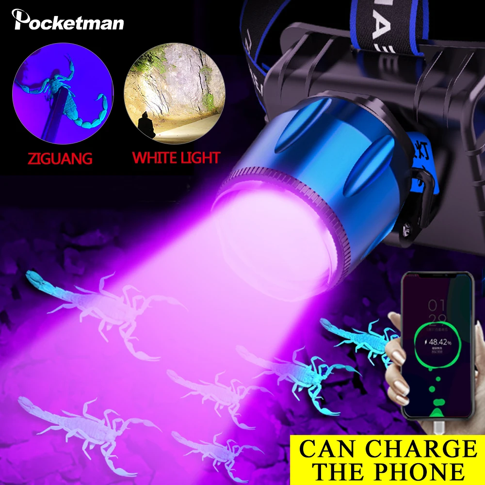 Индукционная ултравиолетова purple led фар с акумулаторна батерия 18650, източник на захранване, фаровете, USB зарядно устройство, лилаво налобный фенер, лампа за риболов, къмпинг2