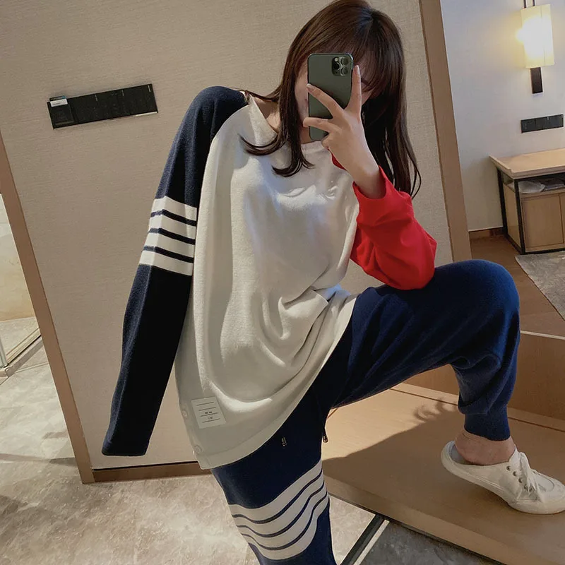 Високо Контрастен Вязаный Пуловер в Корейски стил, Модни Свободна тениска с припокриване и дълъг ръкав на Върха на Ежедневна Topa, Тънък Пуловер0