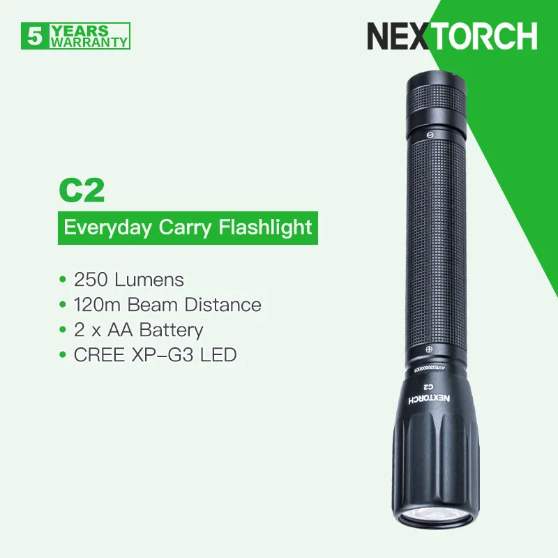 Фенер Nextorch C2 за ежедневно носене с 4 батерии тип АА, 250 лумена, водоустойчив, равномерен светлинен лъч, за къмпинг, за ежедневна употреба0