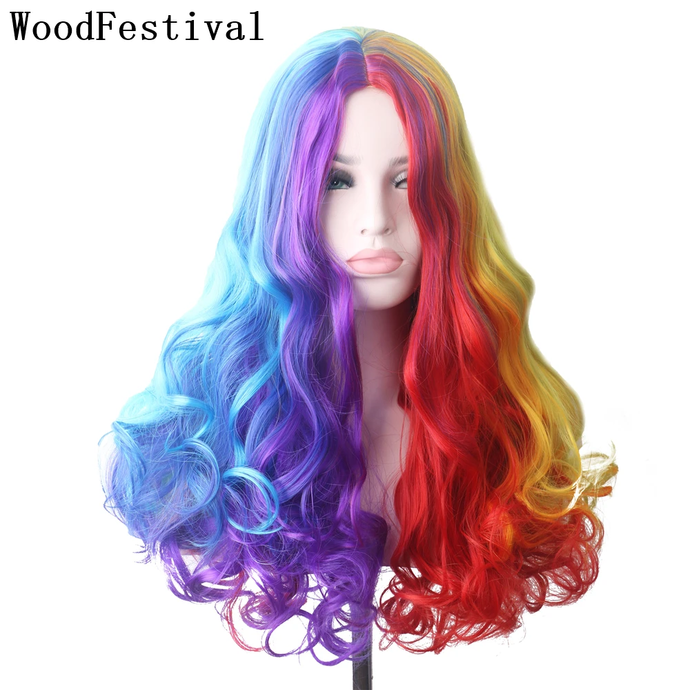 WoodFestival Синтетични косми, вълнообразни вечерни перуки за cosplay, жълто женски перука, червено, розово, блондинистый, сиво, кафяво, синьо, кестен, лилаво, зелено0