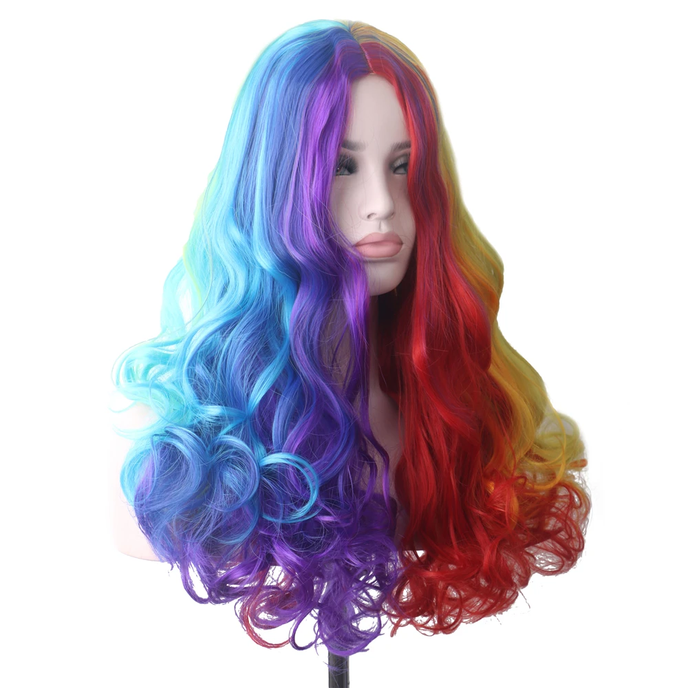 WoodFestival Синтетични косми, вълнообразни вечерни перуки за cosplay, жълто женски перука, червено, розово, блондинистый, сиво, кафяво, синьо, кестен, лилаво, зелено3
