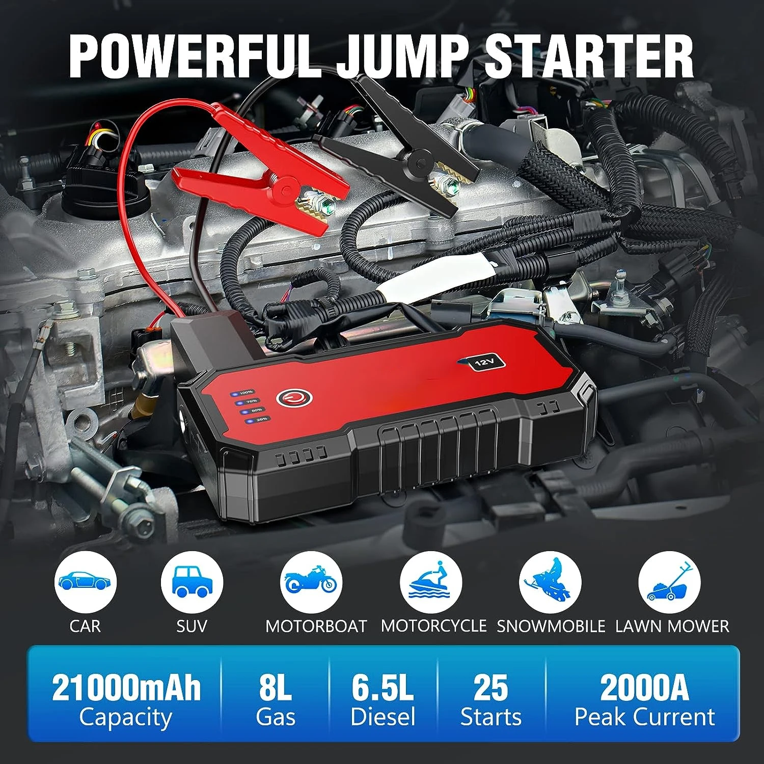 Автомобилен стартер 2000A Peak 12V 21000 mAh Литиева Батерия Jump Starter Pack Акумулаторен усилвател, стартира 6,5 л дизелово гориво и 8,0 л бензин1