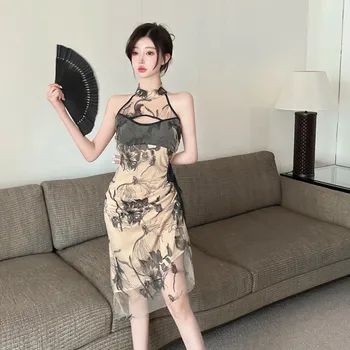 Ново модно мини рокля Рокля в китайски стил с принтом, лятно мини-рокля с къс ръкав и деколте по врата, сексуална сетчатое кух рокля с неправилна форма