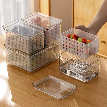 Кутия за съхранение на хладилника, за да органайзер за плодове и зеленчуци, запечатани кутия за пресни продукти, сливная кошница с капак, кухненски принадлежности