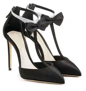 елегантен дамски черен босоножка с Тобразным каишка и носа на висок ток с остър пръсти, вечерни сандали на висок ток, по-големи размери, изработка по индивидуална заявка