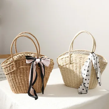 Нов стил, сламена чанта, дамска лятна слама чанта, тканая чанта, преносима чанта за почивка на море чанта