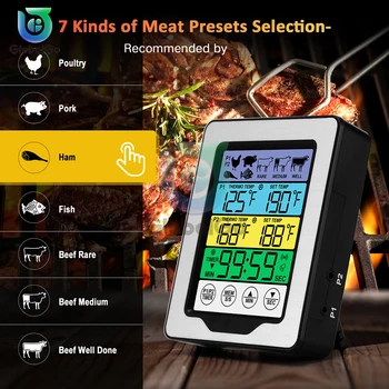 Цифров осветление, големият LCD дисплей, кухненски термометър за месо във фурната барбекю с двоен сензор, функция таймер за обратно отброяване